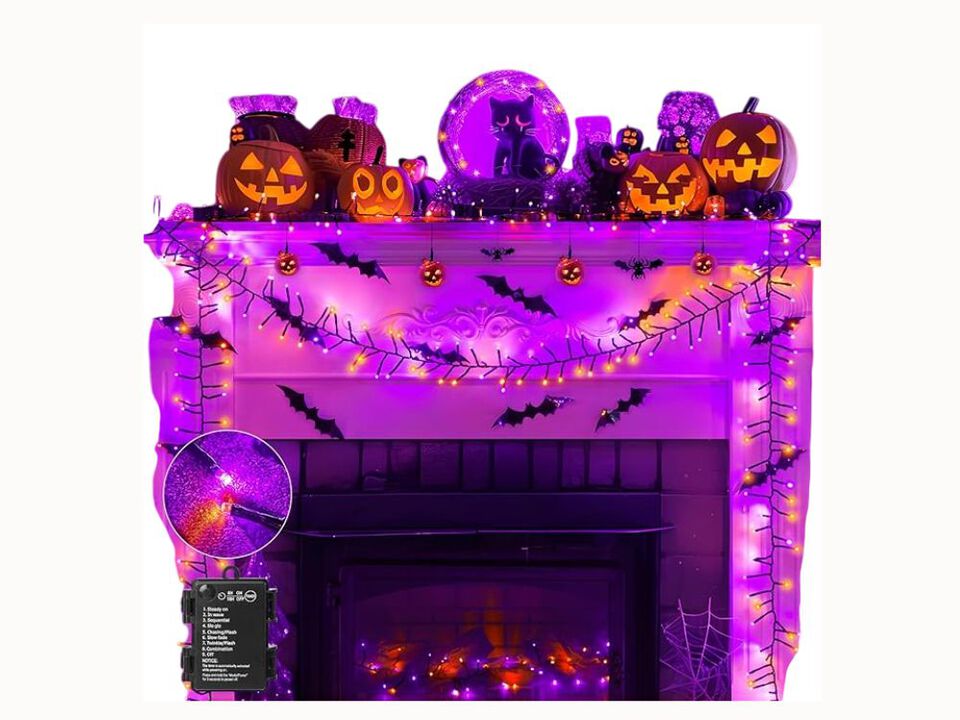 10FT Halloween Cluster Lights – 120 LED Orange & Purple Battery Operated with Timer & 8 Modes, Waterproof for Indoor/Outdoor Decor