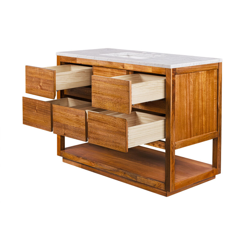 Oakman 48 In. Single Sink Carrara White Marble Countertop Bath Vanity in Mango Wood