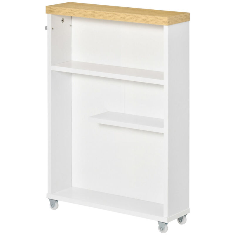 White Bathroom Helper: Slim Rolling Cabinet with Toilet Paper Holder