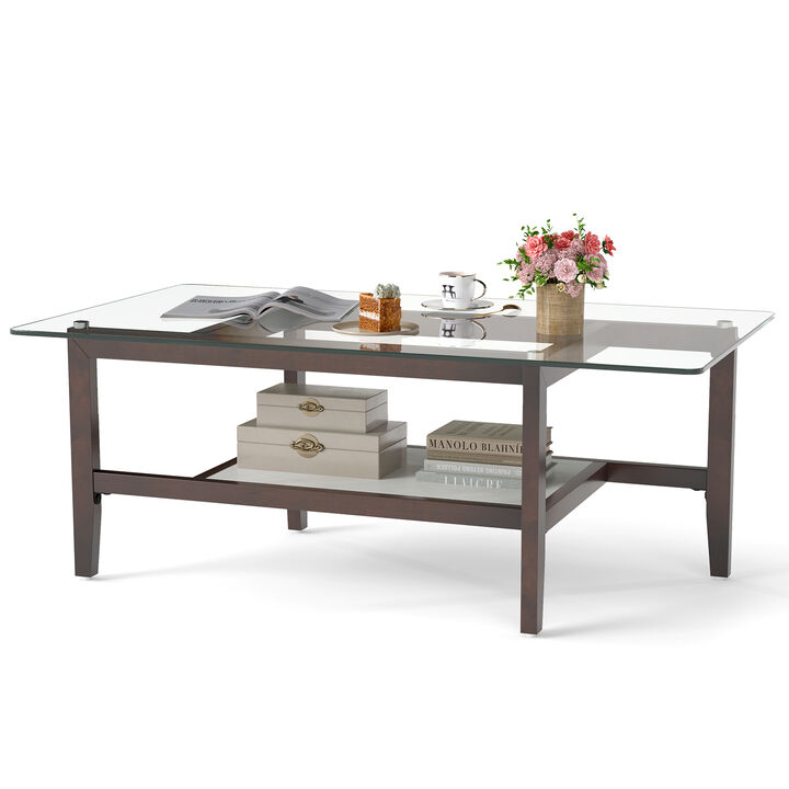 Rectangular Glass Coffee Table with Lower Storage Shelf &ndash; Modern 2-Tier Design