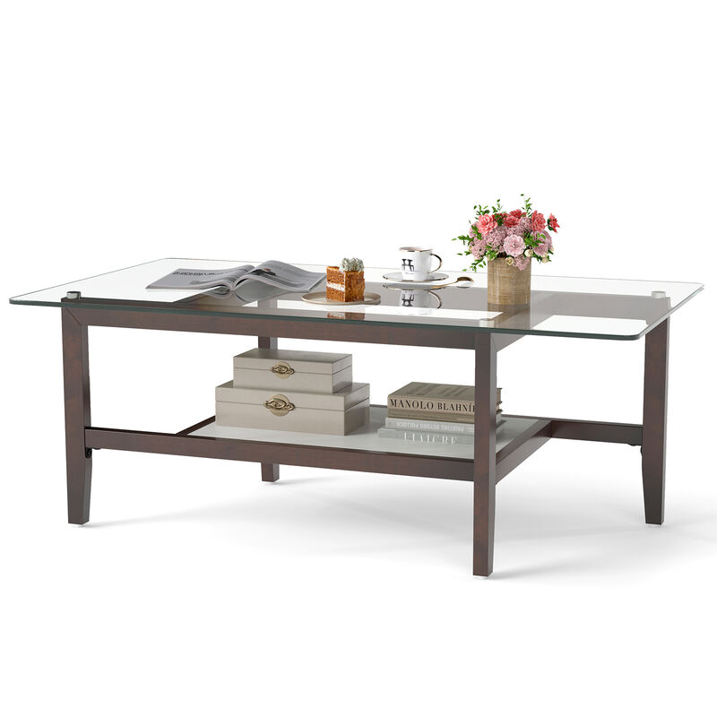 Rectangular Glass Coffee Table with Lower Storage Shelf &ndash; Modern 2-Tier Design
