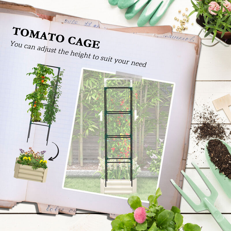 Outsunny Galvanized Raised Garden Bed, 24" x 24" x 11.75" Outdoor Planter Box with Trellis Tomato Cage and Open Bottom for Climbing Vines, Vegetables, Flowers in Backyard, Garden, Patio, Cream