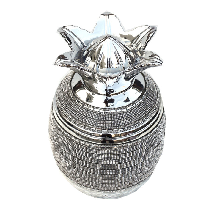 Chrome Plated Crystal Embellished Lidded Ceramic Pineapple Bowl (7 In. x 7 In. x 10.5 In.)