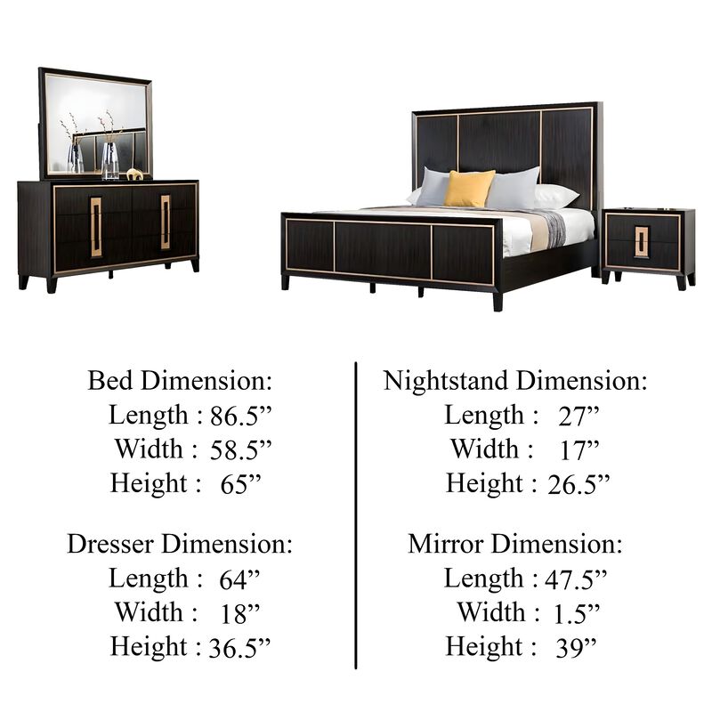 Yada 4pc Queen Bedroom Set w Dresser Mirror, Espresso Brown with Gold Trim image number 4