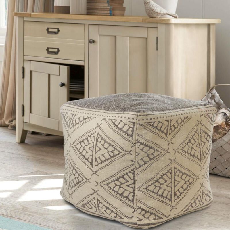 Hivvago 20 Inch Beige Cotton Tribal Pouf Ottoman