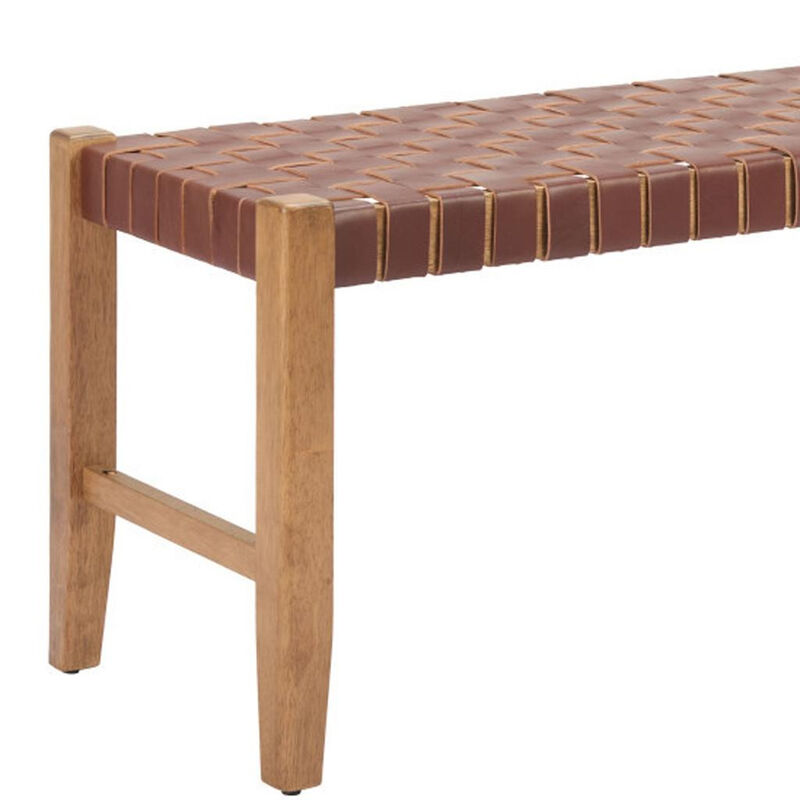 HomeRoots 48" Brown and Natural Genuine Leather and Solid Wood Bench image number 5