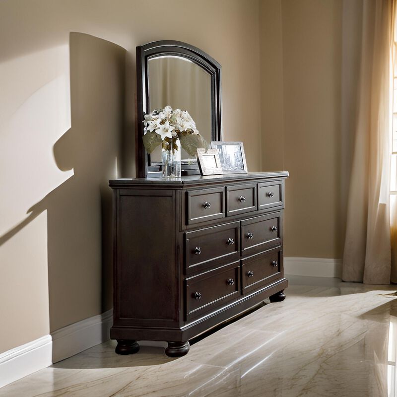 Traditional Style Wooden Frame Dresser Mirror with Curved Top, Black - Benzara
