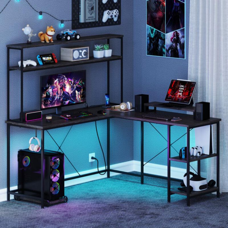 Hivvago L-Shaped Reversible Gaming Desk with LED Strip and Power Outlets Hutch Monitor Stand