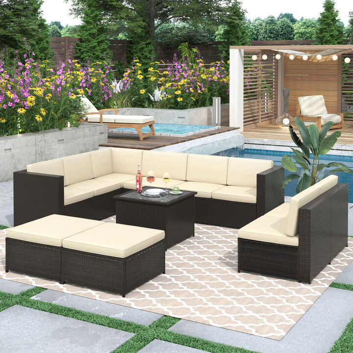 9 Piece Rattan Sectional Seating Group with Cushions and Ottoman, Patio Furniture Sets, Outdoor Wicker Sectional, Grey Rattan+Blue Cushions