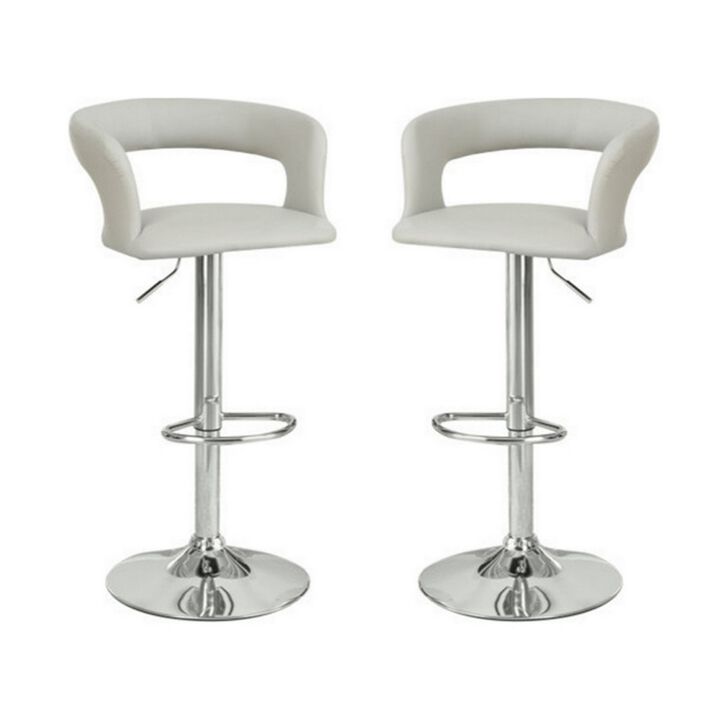 Metal Base Bar Stool With Faux Leather Seat And Gas Lift, Gray & Silver Set of 2-Benzara