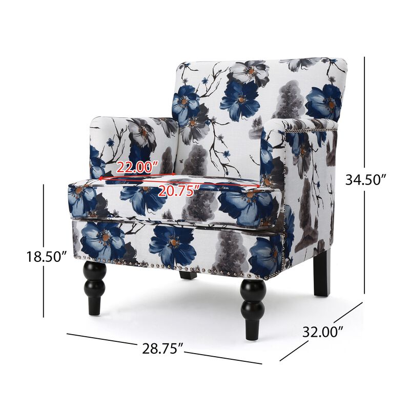 Lit Accent Chair, Button Tufted Floral White Blue Print, Multicolor