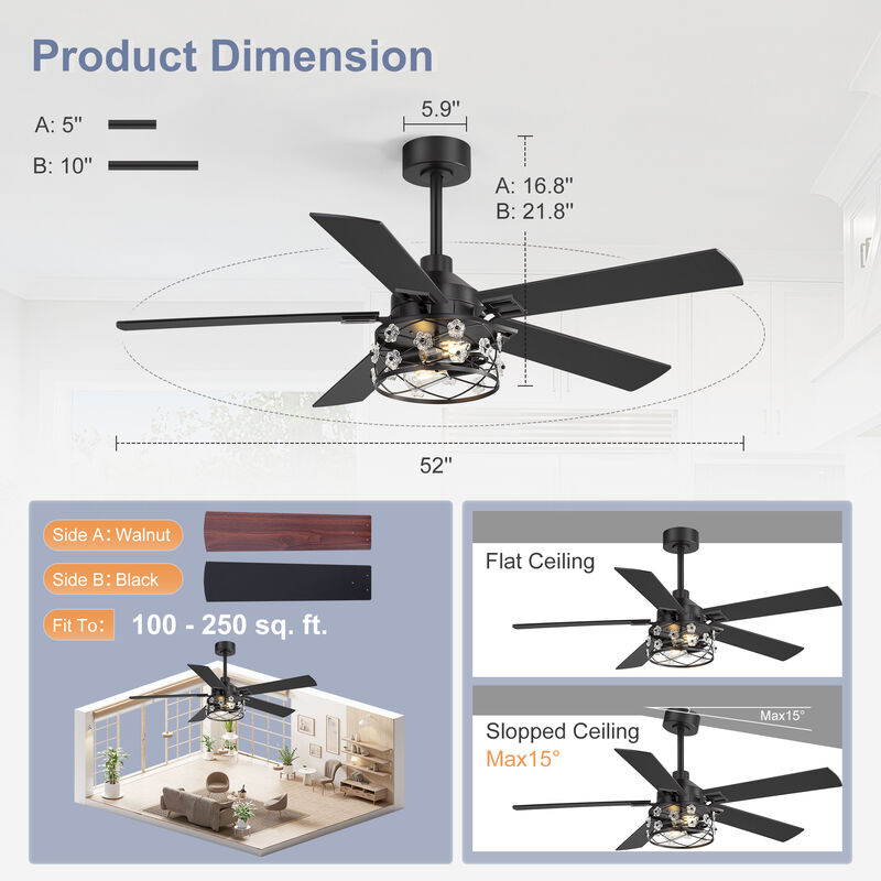 Breezary 52" Ceiling Fan with Lights, E26 Glass Shade,Wood Blades, Quiet DC Motor, Remote Control, 6 Speeds, Reversible, Timer image number 7