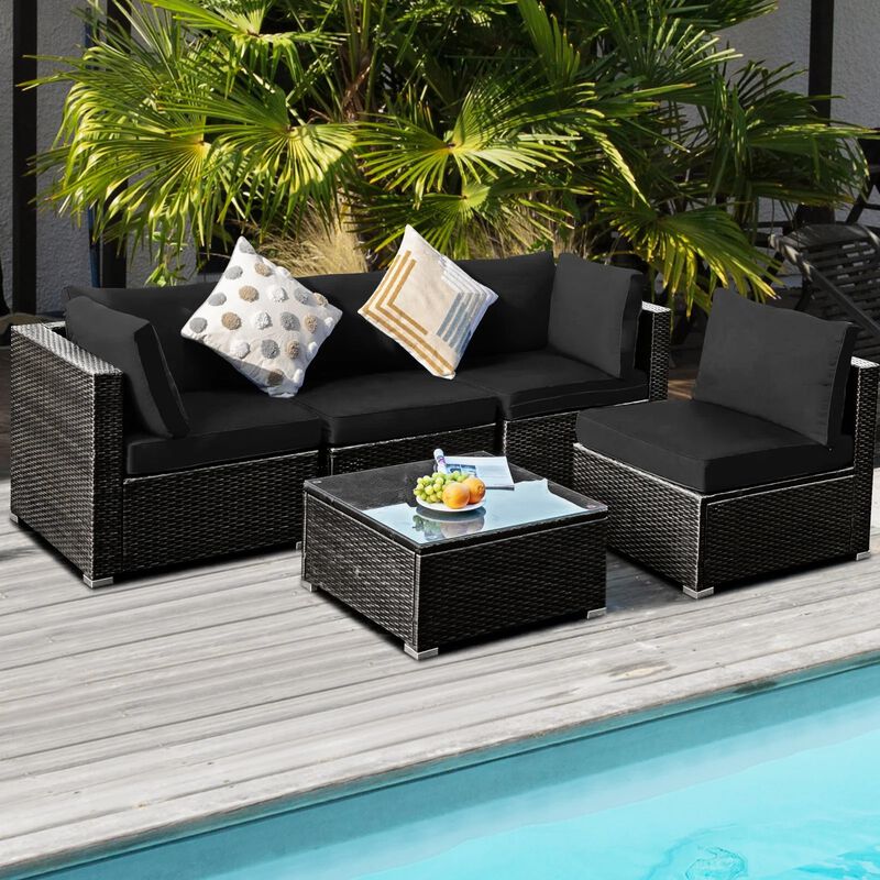 Mondawe 5 Pieces Cushioned Patio Rattan Furniture Set with Glass Table