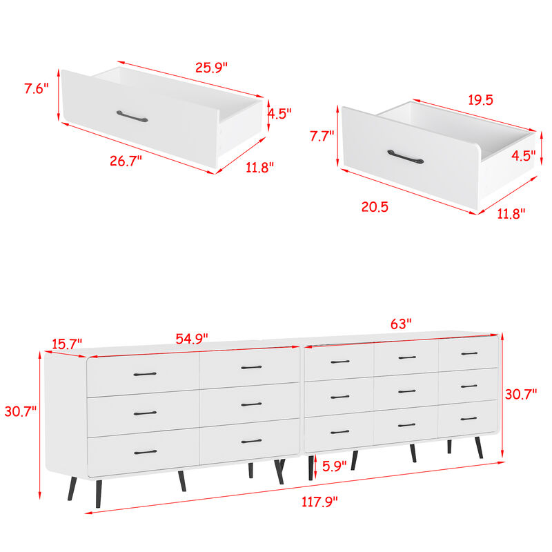 FUFU&GAGA Modern 15-Drawer Dresser with Sleek Black Handles (117.9" W x 15.7" D x 30.7" H), White