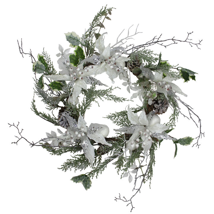 Iced White Poinsettia Artificial Christmas Wreath - 22 inch  Unlit