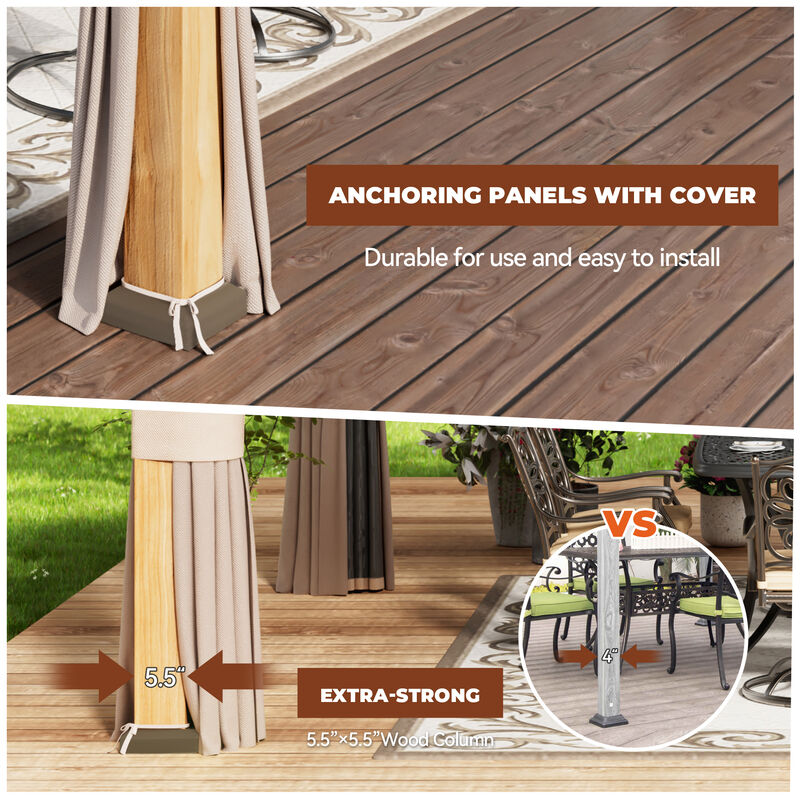 Mondawe 12 ft. x 12 ft. Brown Cedar Wood Frame Hardtop Gazebo with Galvanized Steel Double Roof, Curtains and Netting