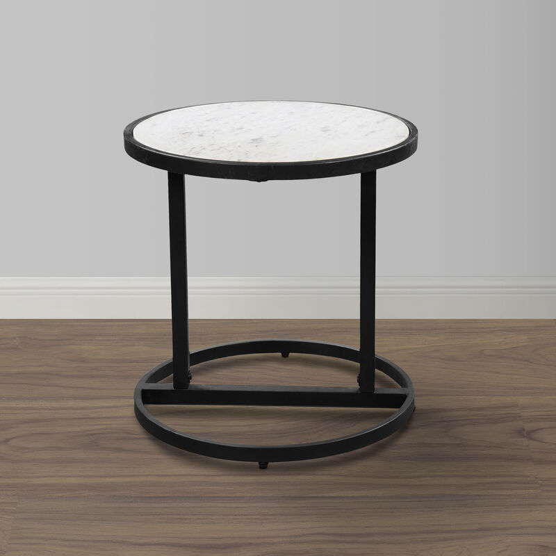 Beri 18 Inch Side End Table, Round White Natural Marble Top, Classic Slim Black Iron Frame