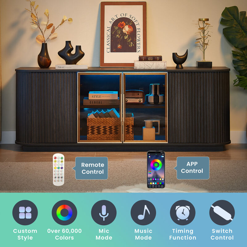 TATEUS Black 64" Wavy TV Stands &ndash; Round Sideboard with Wooden Vertical Stripes & Tempered Glass Doors