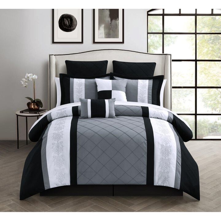 Chic Home 3589K12US Livingston 12 Piece BedBag Embroide Comforter Set with 4 Piece Sheet Set, Black  King