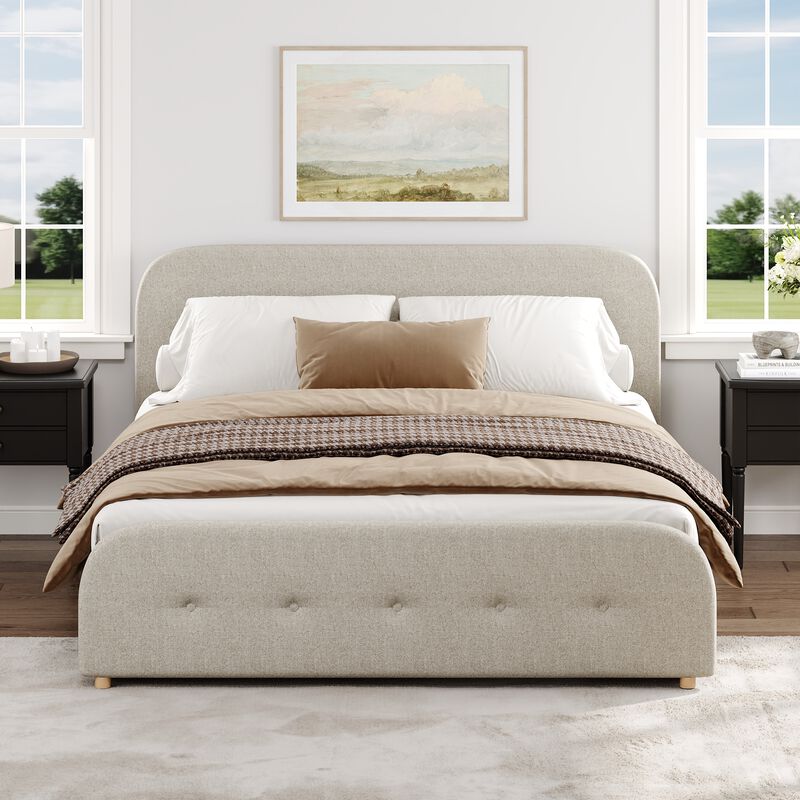FUFU&GAGA Minimalist Platform King  Bed with Linen Upholstery Iron Frame and Button Accents 87''L x 81''W x 45''H Gray