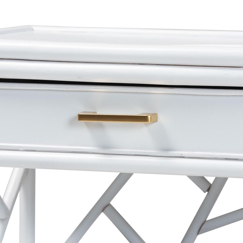 bali & pari Daina Natural Rattan Nightstand with Drawer and Open Shelves– Coastal Bedside Table with Geometric Design, White