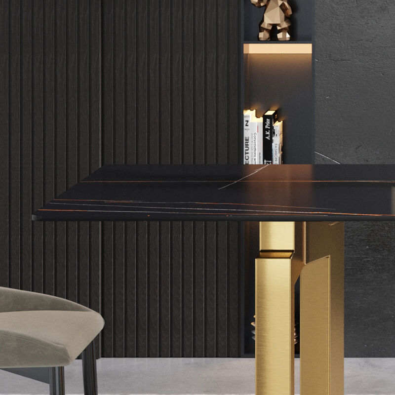 63" Modern artificial stone black straight edge golden metal leg dining table -6 people