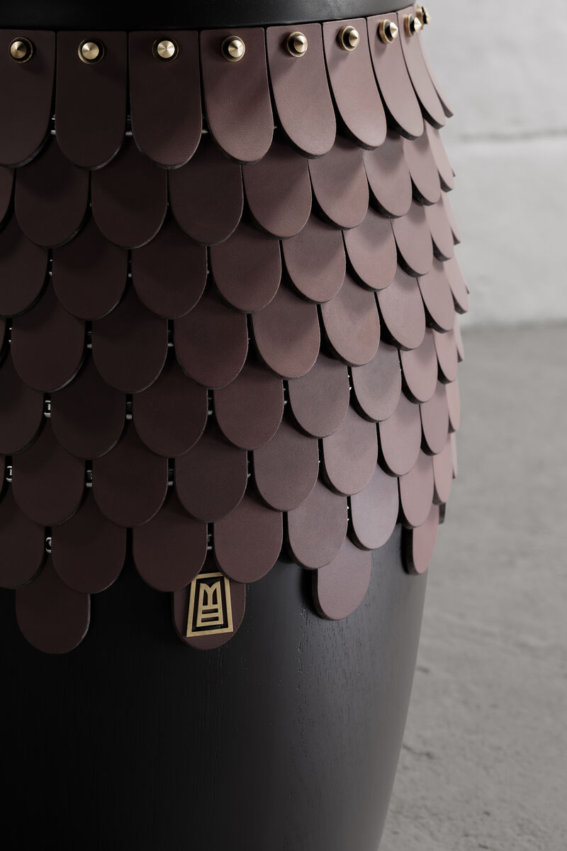 SITIERA_01 Solid Wood Stool, with Cognac Thick Leather Accents, and Aged Bronze by ANDEAN, In Stock