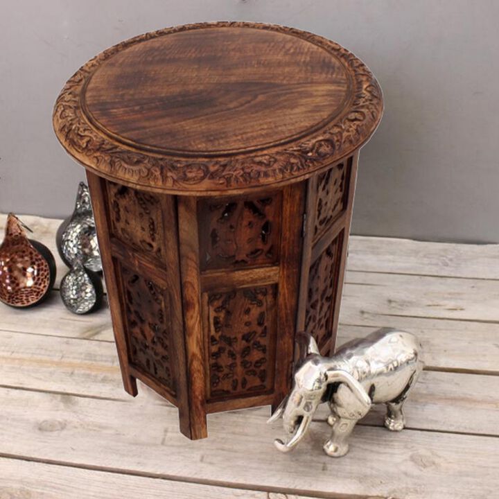 18 Inch Mango Wood Folding Accent Table, Hand Carved, Walnut Brown-Benzara