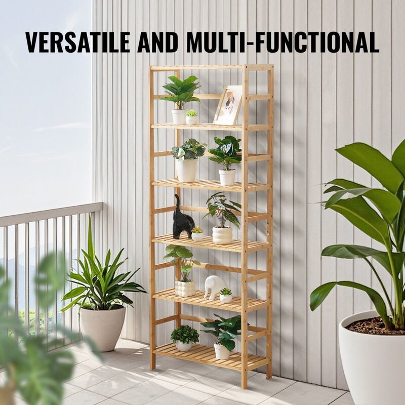 6-Tier Wicker Display Shelf, Open Bookcase Storage Rack for Living Room, Bedroom-Natural image number 3