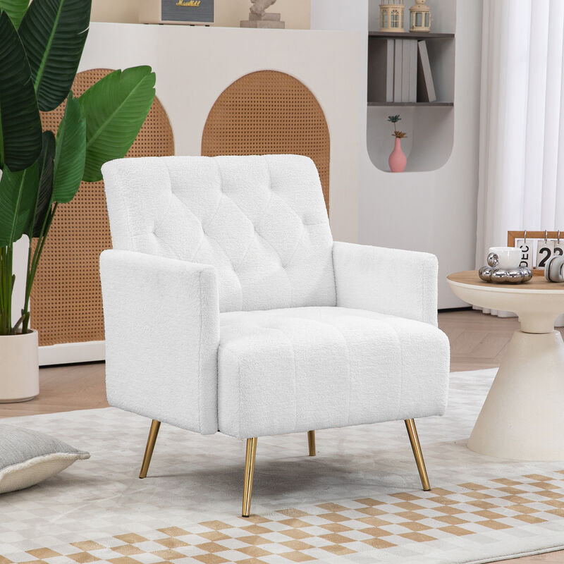 HOMCOM Modern Sherpa Accent Chair, Upholstered Tufted Armchair with Gold Steel Legs, Fabric Reading Chair for Living Room and Bedroom, White