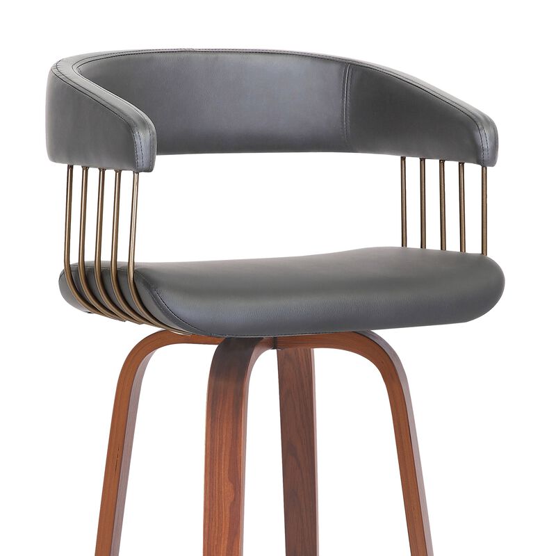 Maya 31 Inch Swivel Barstool Chair, Gray Faux Leather, Bronze, Walnut Brown - Benzara