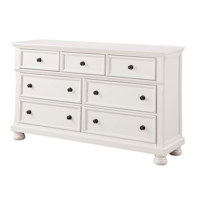 Transitional Style Seven Drawer Wooden Dresser with Round Bun Legs, White - Benzara image number 3