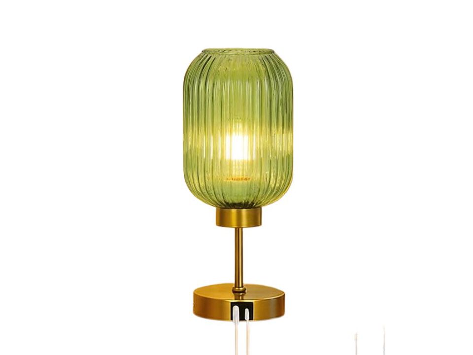 Table Lamp &ndash; Vintage Green Glass Bedside Light, 3‑Way Dimmable Gold USB Desk Lamp