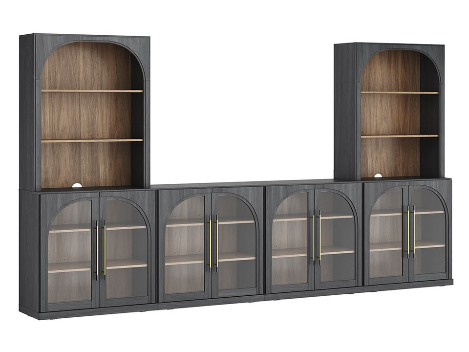 BELLEZE 6-Piece Modular TV Stand Set - 4 Arched Glass Door Entertainment Center & 2 Hutch Storage Units, Classic Modern Large Media Console with Adjustable Shelves for Living Room Family Room, Camel
