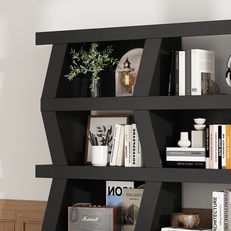 FUFU&GAGA Modern 5-Tier Zigzag Bookcase with Open Shelves (63.8&rdquo; H x 51.2&rdquo; W x 12.2&rdquo; D),Black