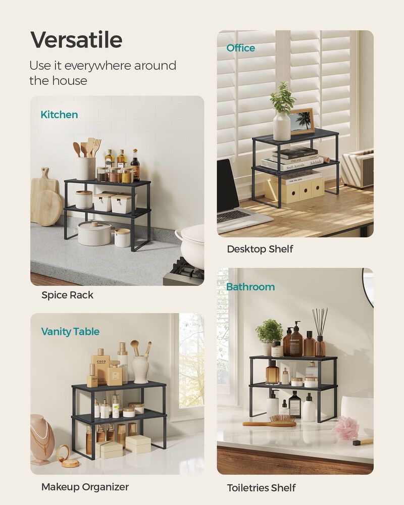 Set of 4 Stackable Cabinet Shelf Organizers - Metal and Particleboard Kitchen Counter Shelves, Expandable