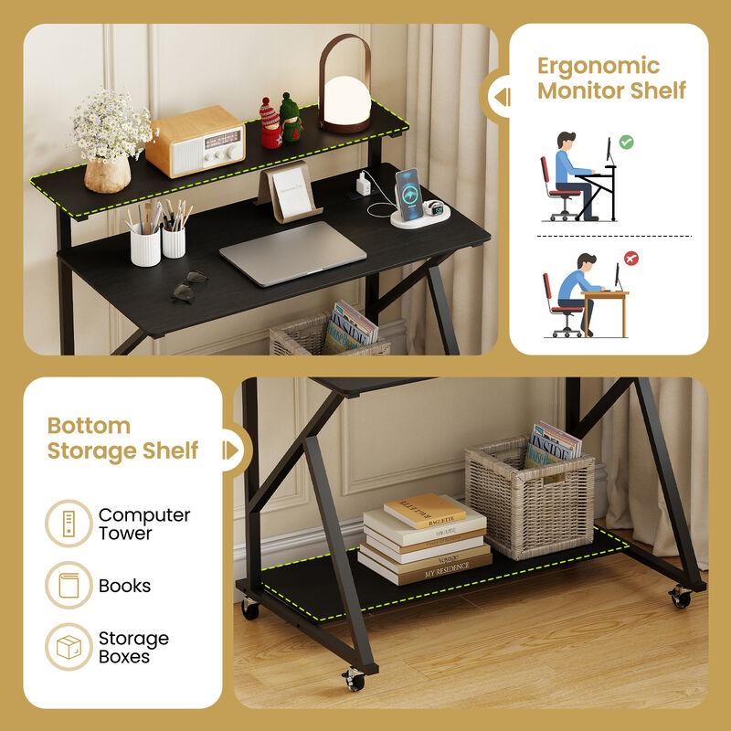 Rolling Computer Desk with Power Outlets, Monitor Shelf and Storage for Office And Home Use image number 6