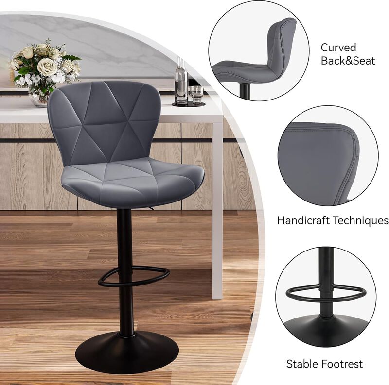 Faux Leather Swivel Bar Stools Set of 2, Adjustable Counter Height Kitchen Chairs, Iron Frame High Backrest 360&deg; Barstools for Kitchen Counter, Outdoor image number 4
