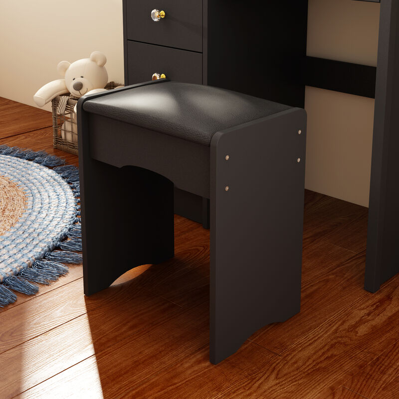 5-Drawers Black Makeup Vanity Sets Wood Dressing Sets With Big Mirror, Stool and 3-Tier Storage Shelves