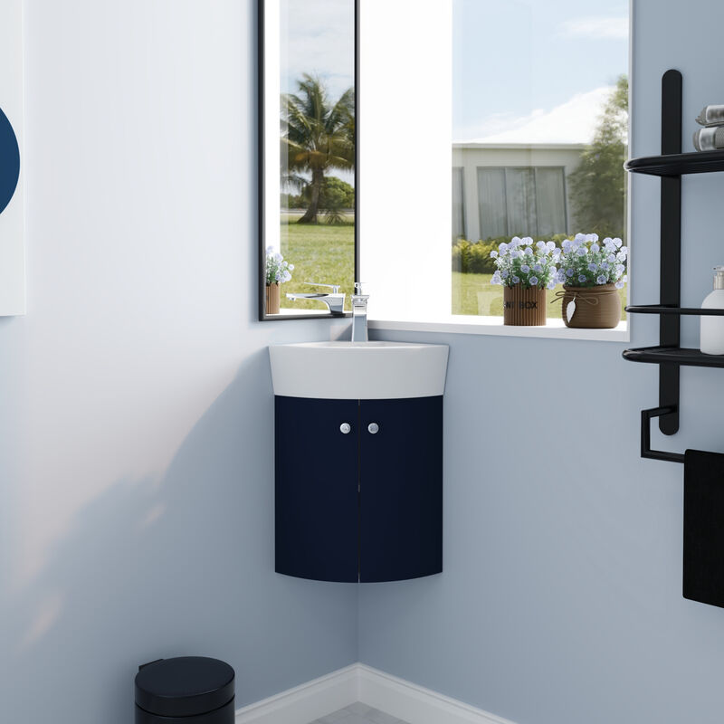 ELEMENT ACE Space Saving Corner Wall Mounted Vanity Cabinet with Integrated Ceramic Sink for Small Bathrooms image number 5