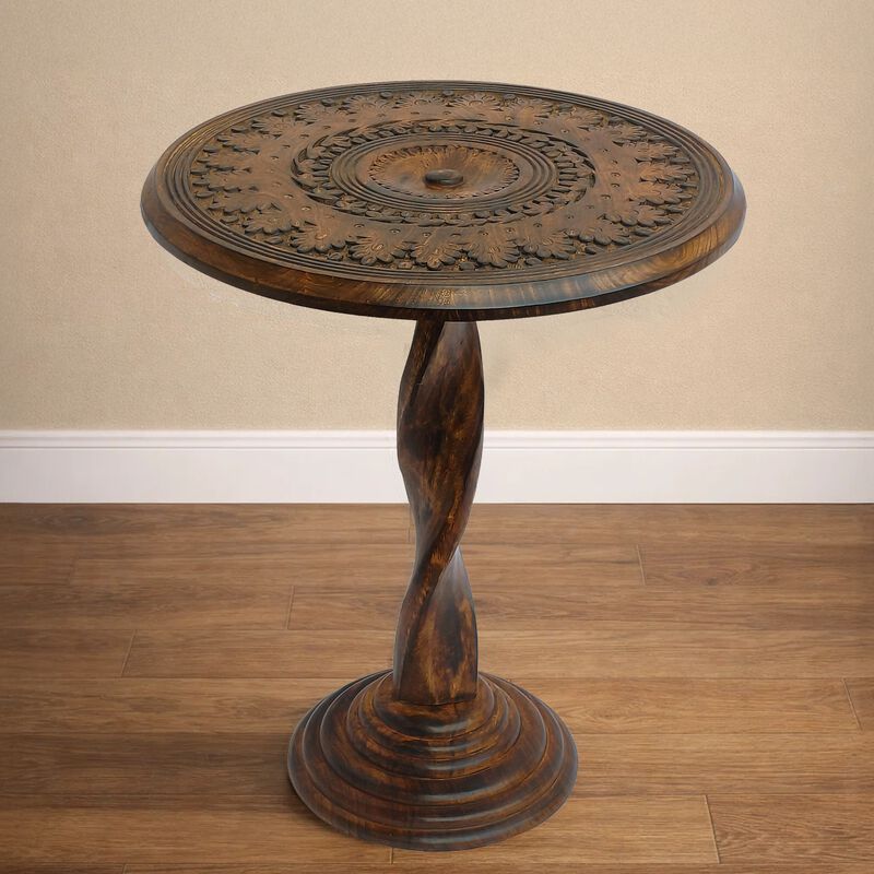 Jem 22 Inch Side End Table, Round Top, Hand Carved Boho Mandala Design with Twisted Base, Brown Mango Wood image number 7