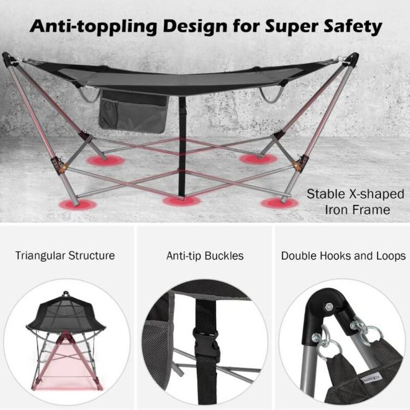 Hivvago Black Portable Camping Foldable Hammock with Stand and Carry Case