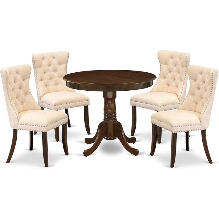 East West Furniture ANDA5-AWA-32 5 Piece Dining Room Set Includes a Round Kitchen Table with Pedestal and 4 Padded Chairs, Antique Walnut