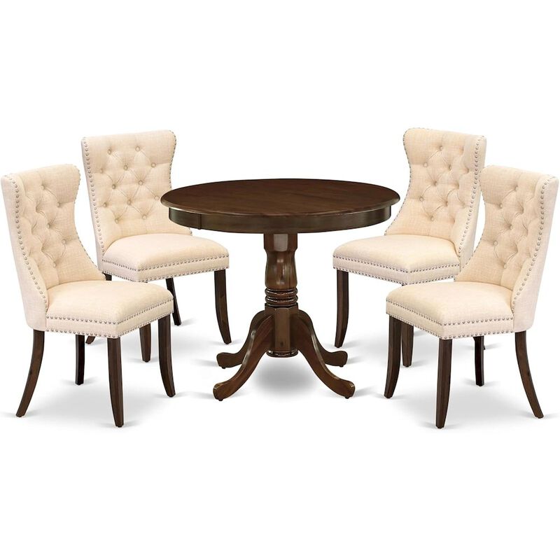 East West Furniture ANDA5-AWA-32 5 Piece Dining Room Set Includes a Round Kitchen Table with Pedestal and 4 Padded Chairs, Antique Walnut