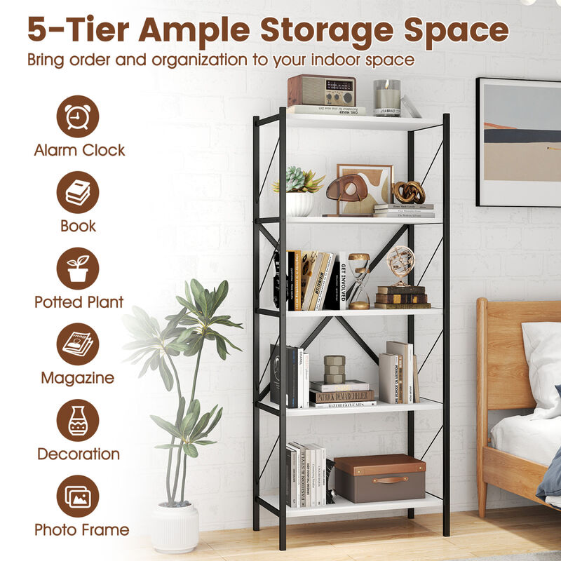 Modern 5-Tier Bookshelf Industrial Bookcase Metal Frame Storage image number 7