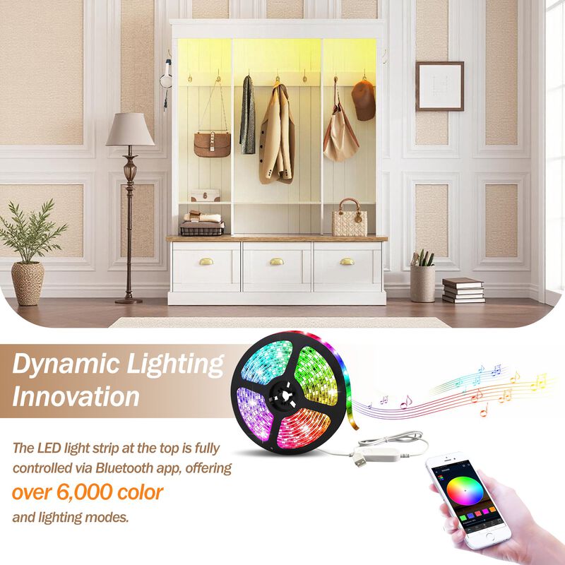 Clihome APP Controlled LED Light Hall Tree Storage Bench with Hooks and 3 Large Cabinets for Hallway image number 3