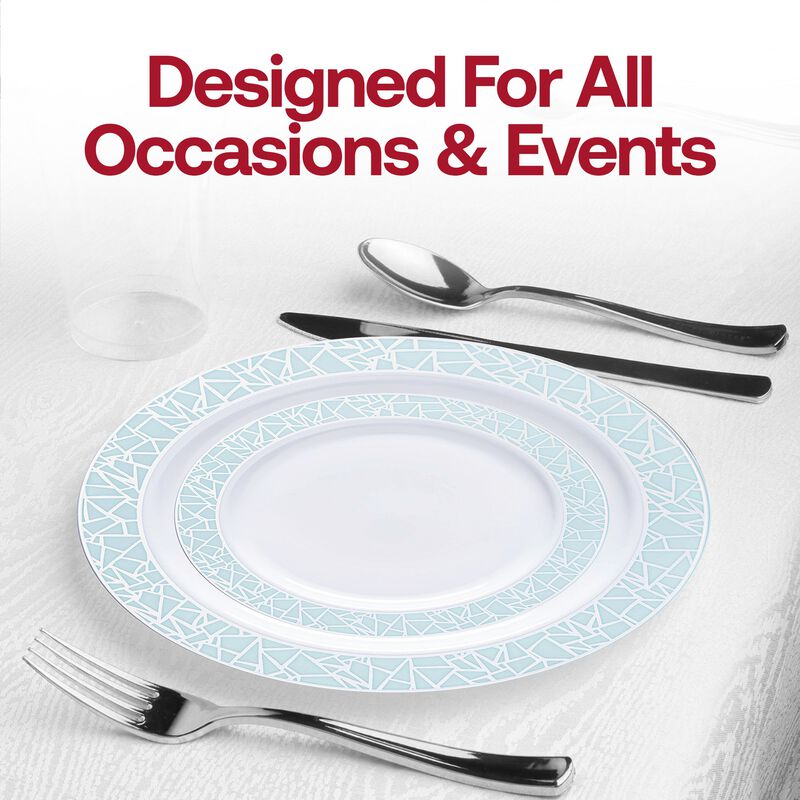 White with Turquoise Blue and Silver Mosaic Rim Dinnerware Value Set (40 Sets) image number 7