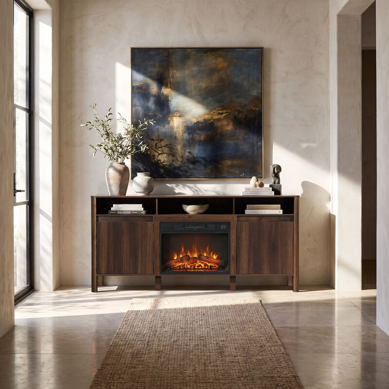 68" Modern Farmhouse Dark Walnut Fluted Door TV Stand Media Console with  23 Inch Insert Electric Fireplace for TVs up to 75" image number 4