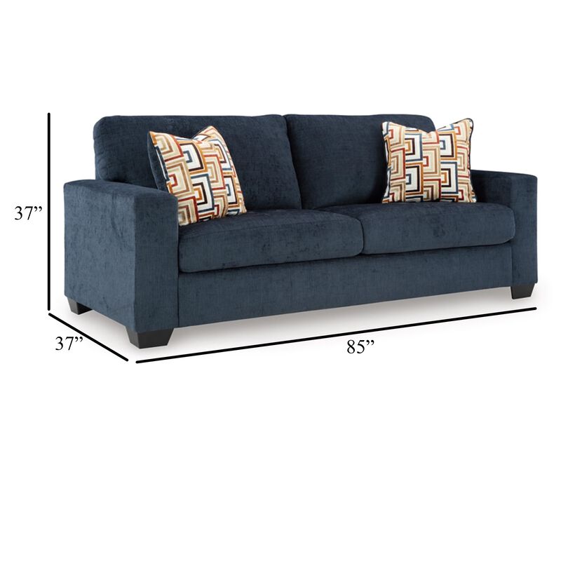 Avie Sofa, 2 Accent Pillows, 85 Inch, Black, Soft Navy Blue Polyester - Benzara