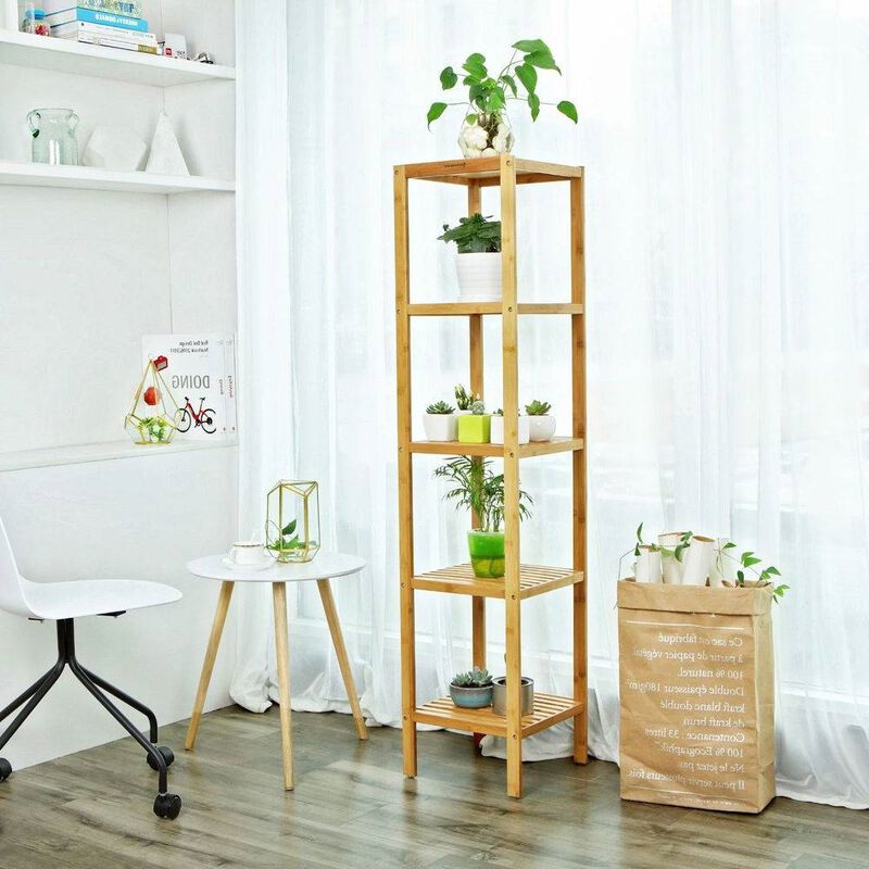 Slim 4-Shelf Wicker Wooden Shelving Unit Storage Rack Bookcase image number 2